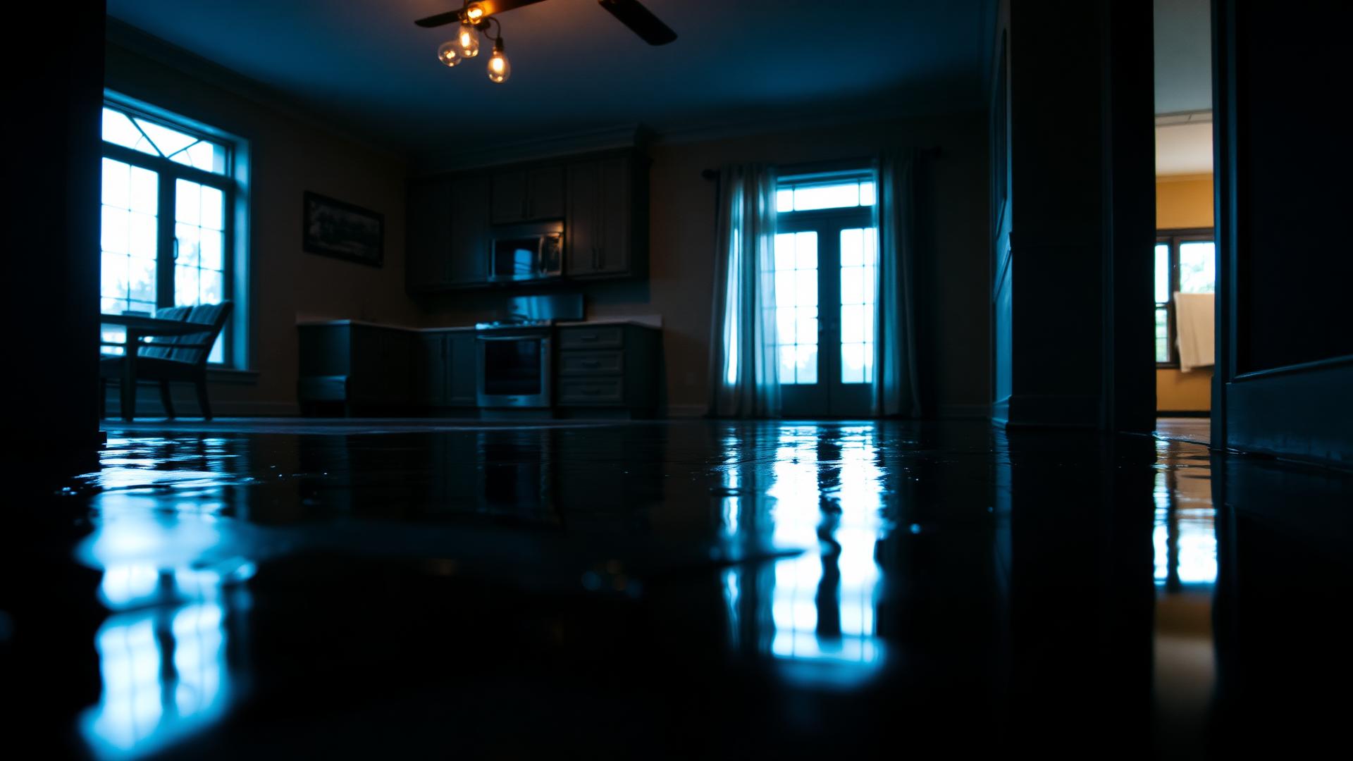 Water damaged Portland home interior with standing water